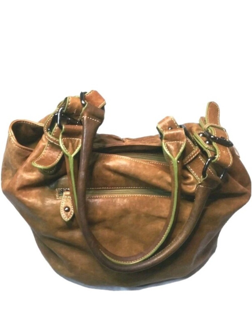 Vintage Barr + Barr New York Leather Bag Boho Shoulder Tote Olive Brown &  Green - Picture 4 of 10